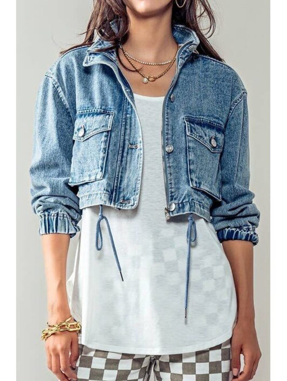 FORE Cropped Denim Utility Jacket Women’s Small Drawstring Hem Light Wash
